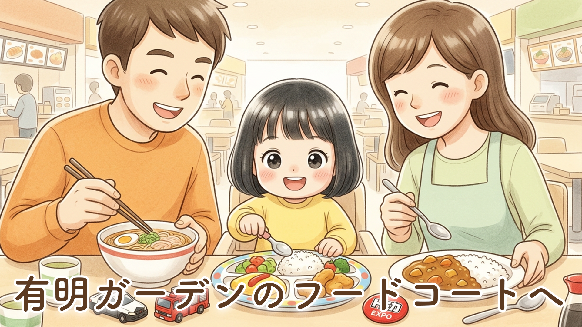 有明ガーデンのフードコートでご飯！トミカ博帰りに家族でランチしてきました【2歳娘とのお出かけ】